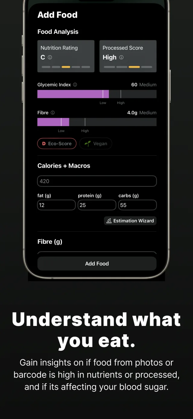 The food screen, showing a logged meal graded for processing, nutrition and blood-sugar impact.